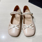 Girls & Women Gentle Style Pearl Mary Jane Flats, Bow Decoration Non Slip Soft Sole Hook And Loop Dress Shoes For Spring Autumn