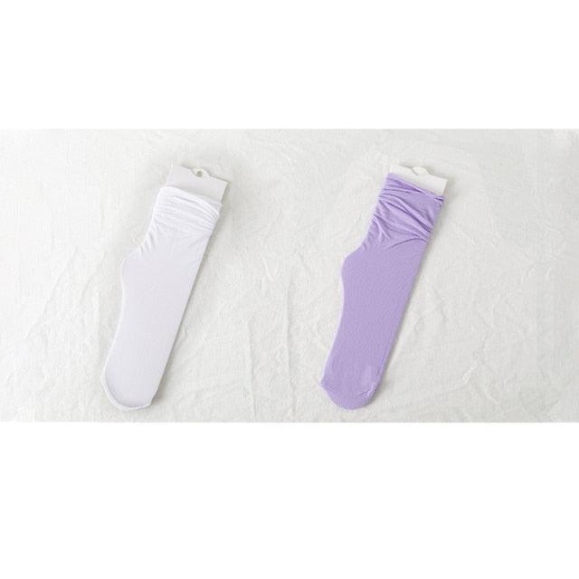 1/2 Pairs Girls Thin Socks Pack Harajuku Cute Long Frilly Socks Casual Soft Nylon High Elastic Solid White Purple Solid Color Stylish Casual Socks For Men And Women
