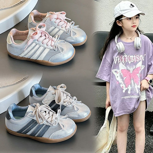 2026 Spring New Girls German Trainers, Korean Style Bow Decor Stylish Genuine Leather Thin Sole Kids Casual Sneakers