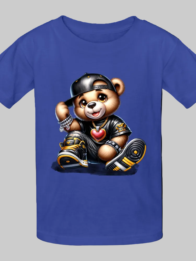 Boys Black Hat Teddy Bear Short Sleeve T-Shirt