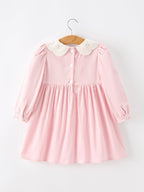 Fall Pink Smocked Girls Corduroy Dress Peter Pan Collar Long Sleeve Floral Detail