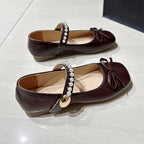 Girls & Women Gentle Style Pearl Mary Jane Flats, Bow Decoration Non Slip Soft Sole Hook And Loop Dress Shoes For Spring Autumn