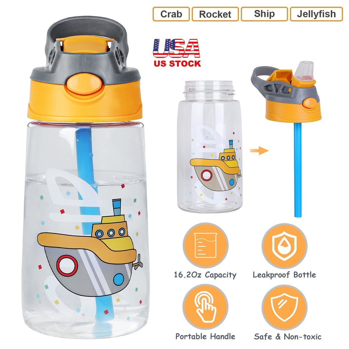 16.2Oz Leak-proof Kids Water Bottle with Straw Push Button Sport Water Bottle for Kids Crab Ship Jellyfish Rocket