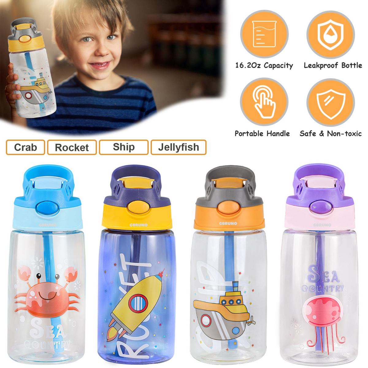 16.2Oz Leak-proof Kids Water Bottle with Straw Push Button Sport Water Bottle for Kids Crab Ship Jellyfish Rocket