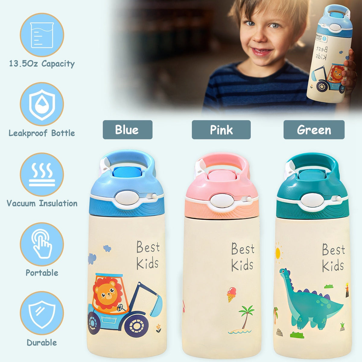 13.5Oz Insulated Stainless Steel Water Bottle Leak-proof Bottle for Kids with Straw Push Button Lock Switch Sports Water Bottle for Toddlers Boys Girl