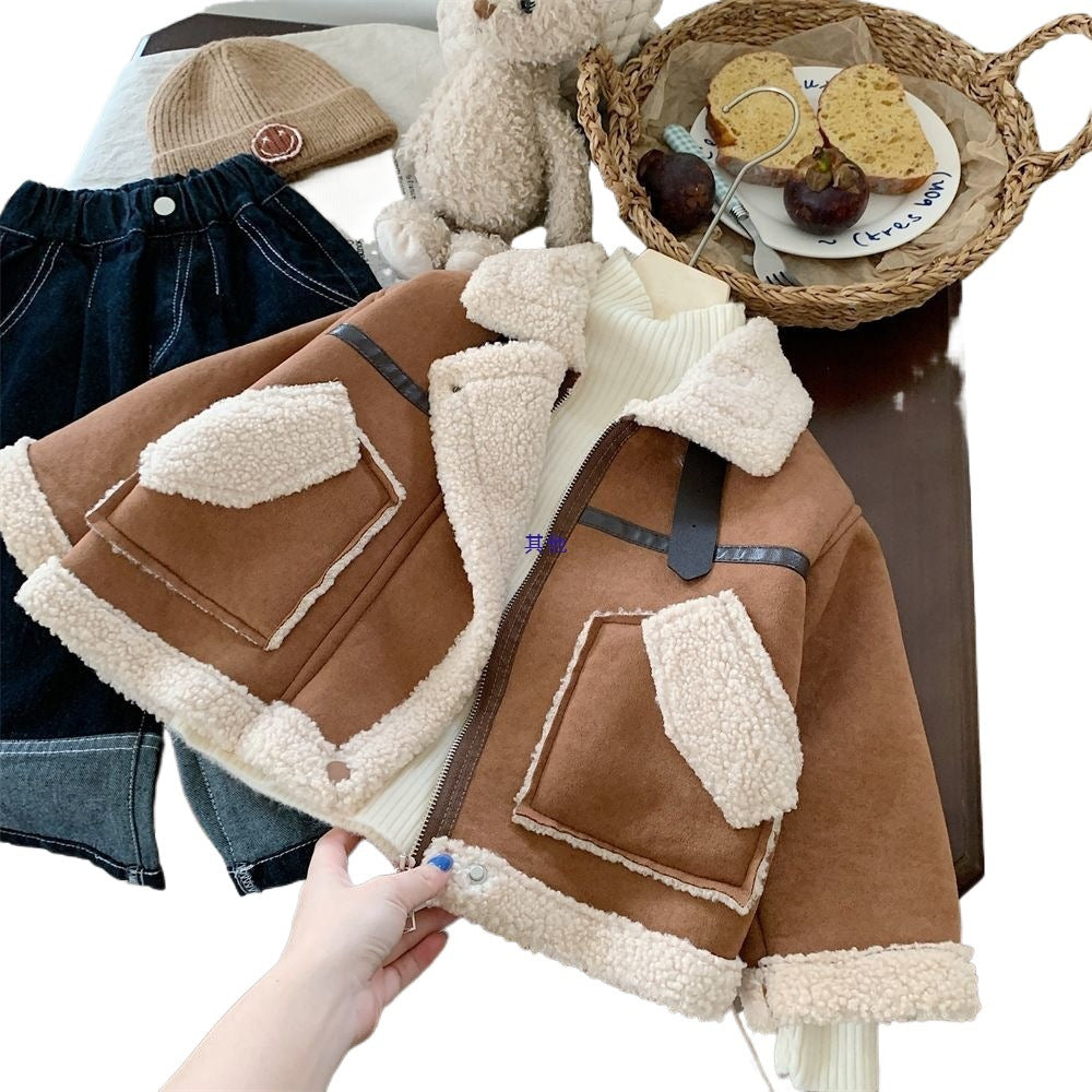 Girls Fleece-Lined Coat Winter Kids Lambswool Top
