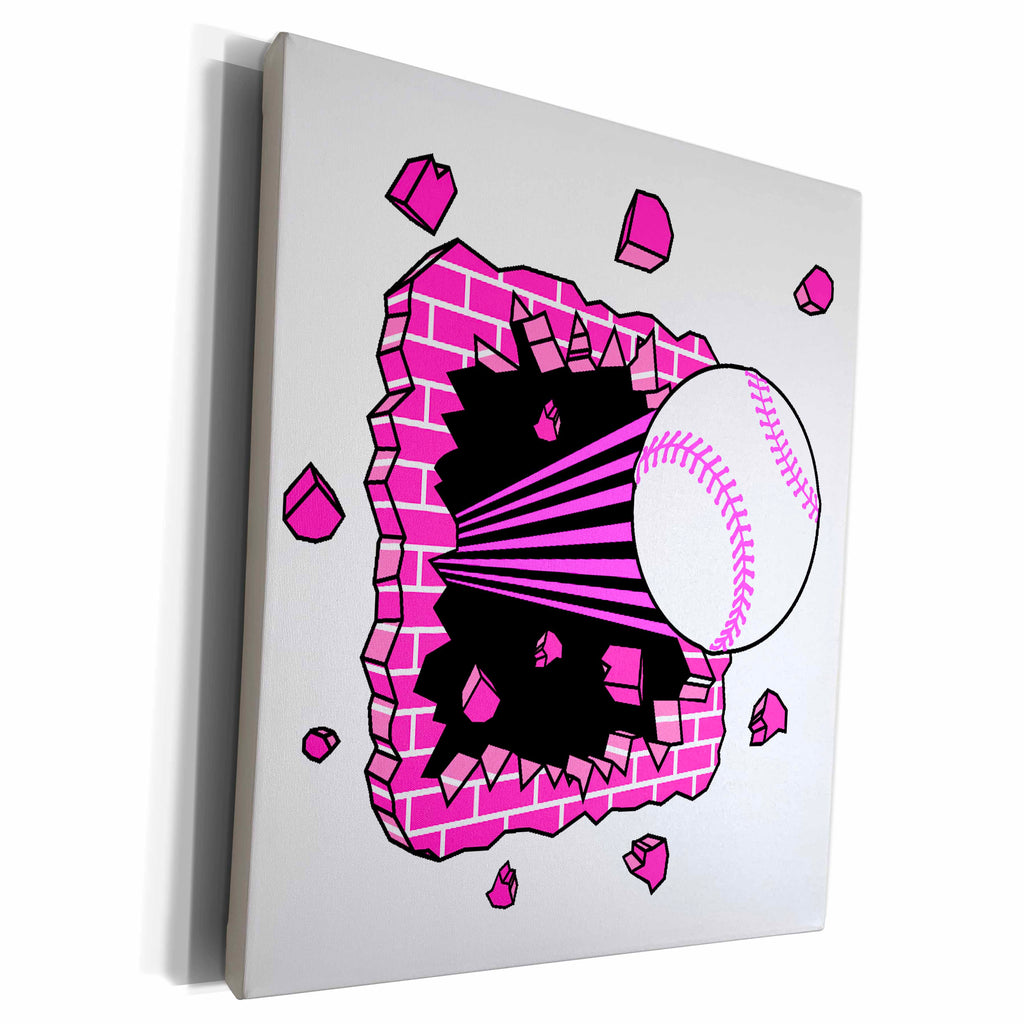 3dRose Baseball Breaking Through Brick Wall Pink Girls... - Museum Grade Canvas Wrap (cw_116281)