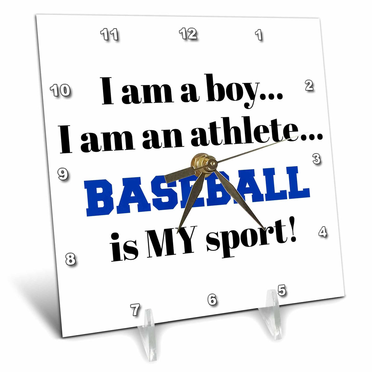 3dRose Xander Inspirational Quotes - I am a boy, I am an Athlete, Baseball is My Sport, Black Blue Letters - Desk Clocks (dc_265933)
