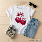 Kids Sequin Pink Cherry Heart Valentine T-Shirt, Mood for Love Coquette Tee for Youth Girls