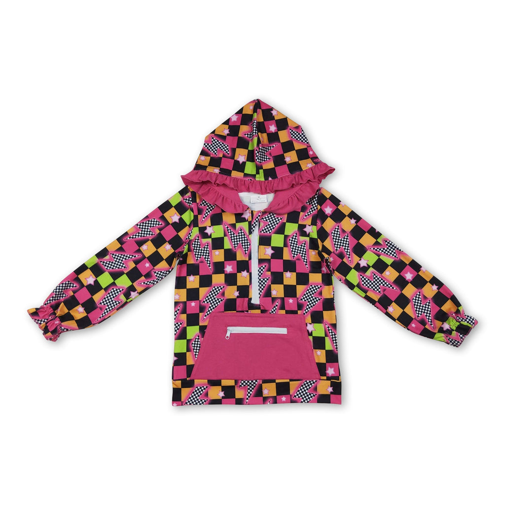 Long sleeves plaid thunder ruffle girls zipper hoodie