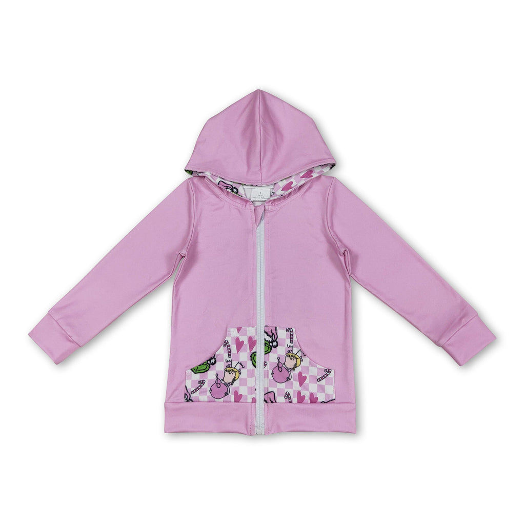 Pink green face pockets girls Christmas hooded jacket