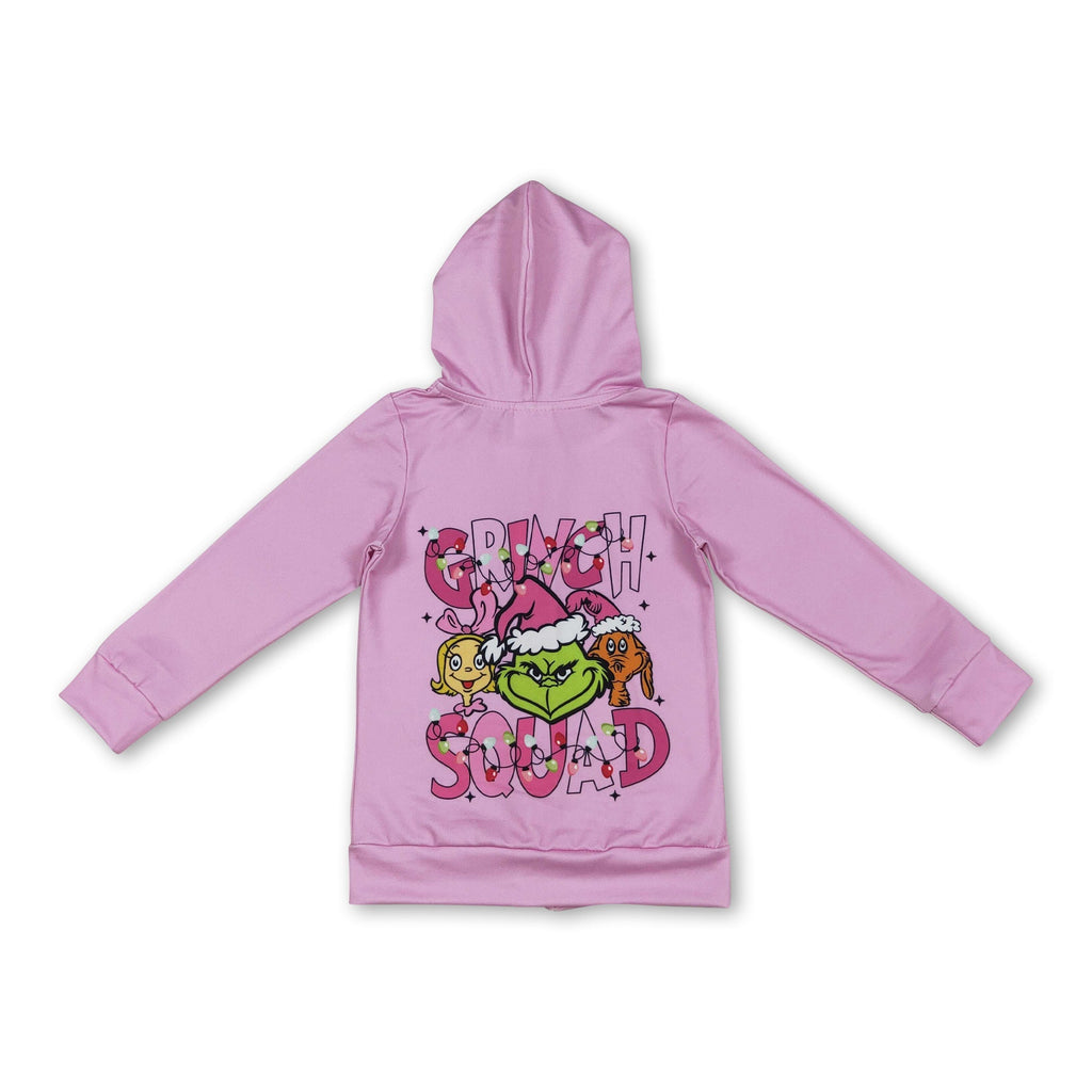 Pink green face pockets girls Christmas hooded jacket