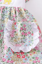 Floral print bunny embroidery smocked girl set