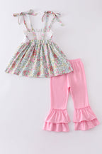 Floral print bunny embroidery smocked girl set