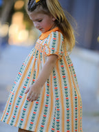 Fall Floral Stripe Girls Dress Petals Collar Smocked