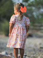Peach Bow Smocked Floral Girl Dress
