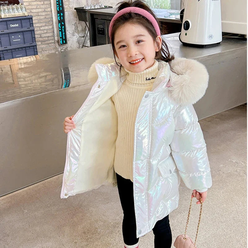 Cute Wings Winter Girls Jacket Keep Warm Princess Coat Fur Collar Hooded Zipper Windproof Girls Outerwear 2 3 4 5 6 8 10 Years