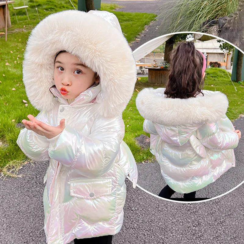 Cute Wings Winter Girls Jacket Keep Warm Princess Coat Fur Collar Hooded Zipper Windproof Girls Outerwear 2 3 4 5 6 8 10 Years