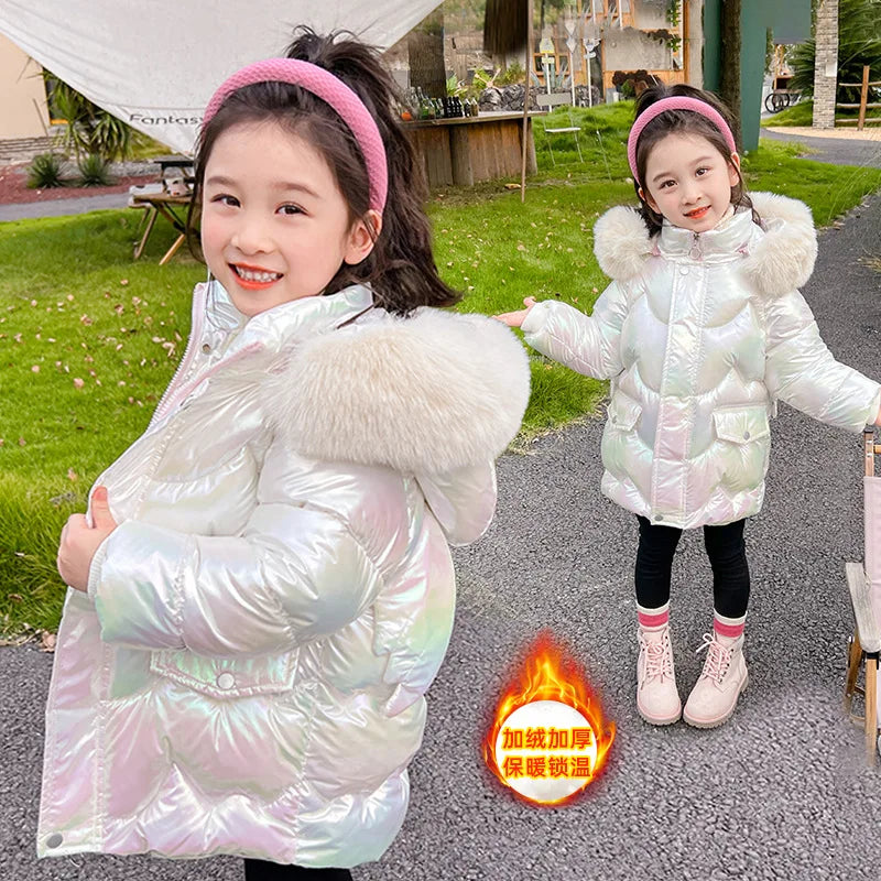 Cute Wings Winter Girls Jacket Keep Warm Princess Coat Fur Collar Hooded Zipper Windproof Girls Outerwear 2 3 4 5 6 8 10 Years