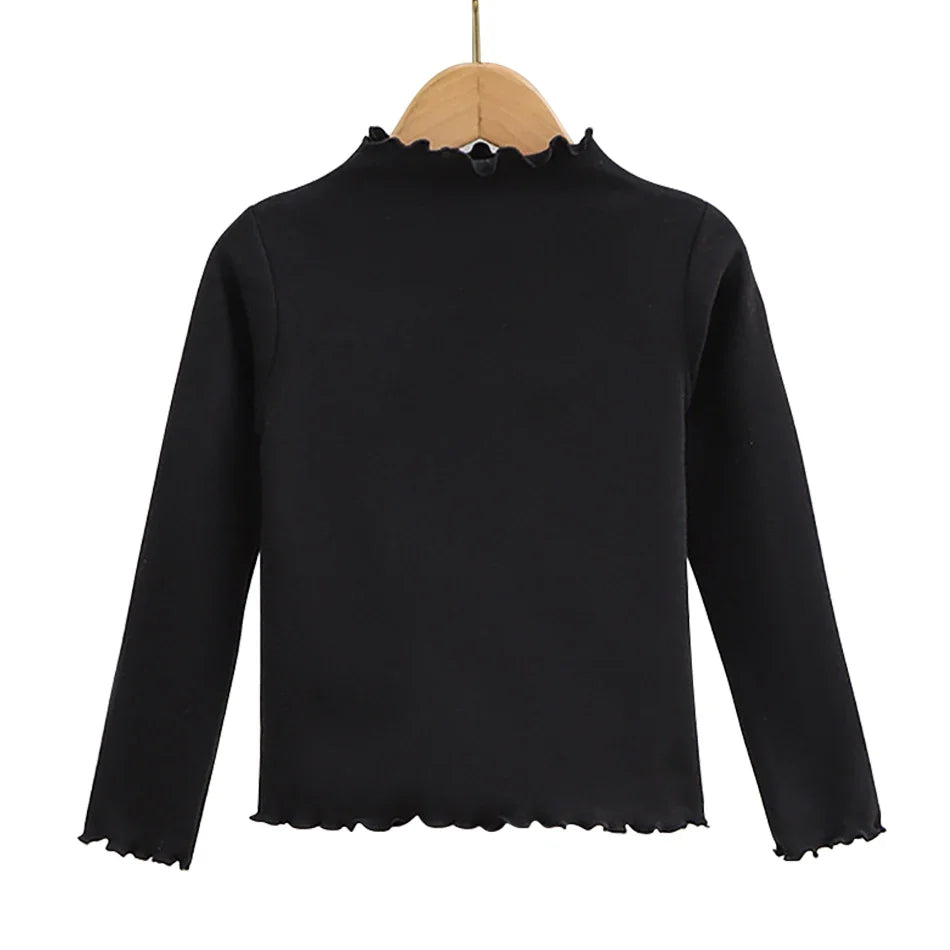 Children Clothing New Girls Base Shirt For Autumn and Winter Children Trendy Black Fungus Edge Solid Color Long Sleeved T-shirt