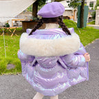 Cute Wings Winter Girls Jacket Keep Warm Princess Coat Fur Collar Hooded Zipper Windproof Girls Outerwear 2 3 4 5 6 8 10 Years