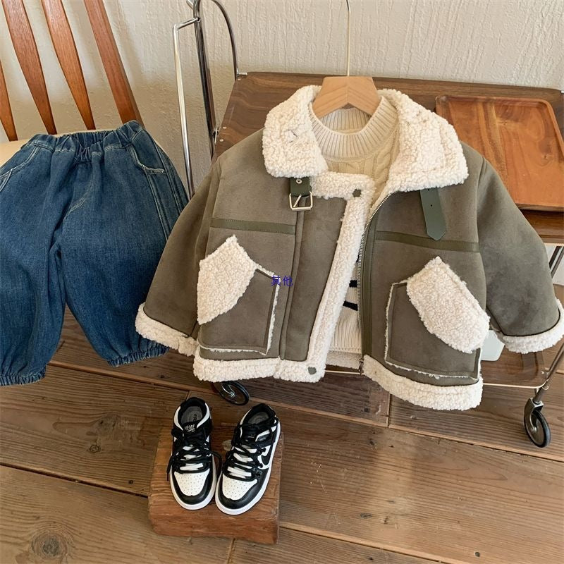 Girls Fleece-Lined Coat Winter Kids Lambswool Top