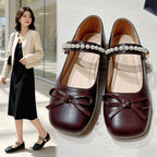 Girls & Women Gentle Style Pearl Mary Jane Flats, Bow Decoration Non Slip Soft Sole Hook And Loop Dress Shoes For Spring Autumn