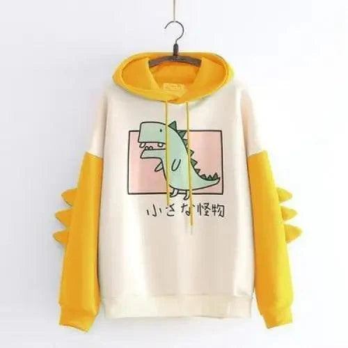 Elegant Oversized Hoodies Women Fashion Splice Dinosaur Print Sweatshirt Tops Casual Long Sleeve Clothes casualSpring Autumn Long Sleeve Dinosaur Sweatshirt Cartoon Design Cute Hoodies for Teens Girls