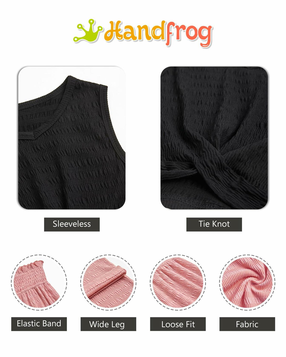 Handfrog Girls 2PC Tie Knot Crop Top & Wide Leg Pants Set Pink Black Size 12-13Y