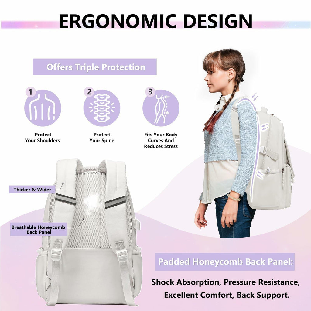 GLORIEROO Kids Backpack Girls 15.6" Laptop Compartment Beige White