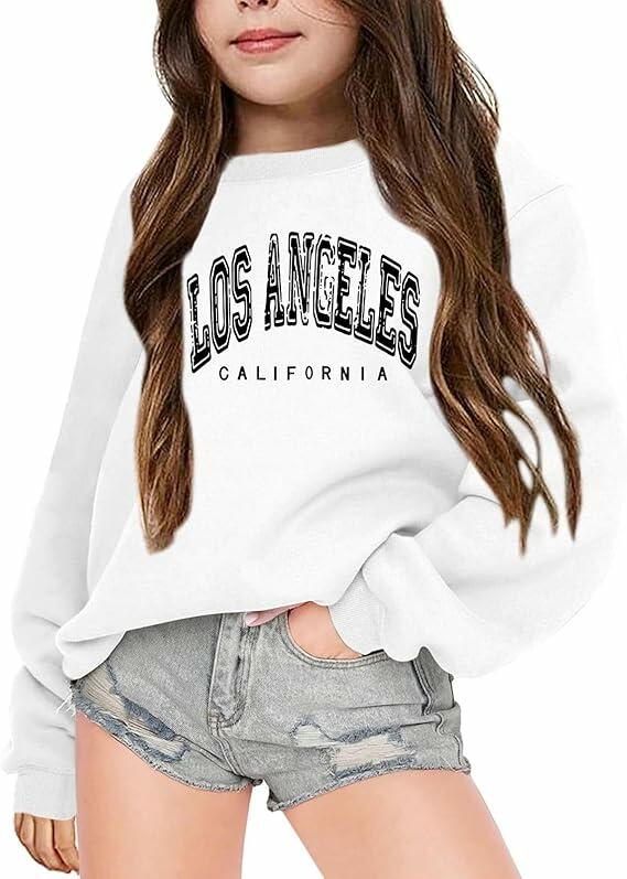 EXARUS Girls Oversized Los Angeles Hoodie – White, 8Y
