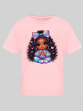 African American Girls Pretty Bow and Hearts Short Sleeve Crewneck T-Shirt