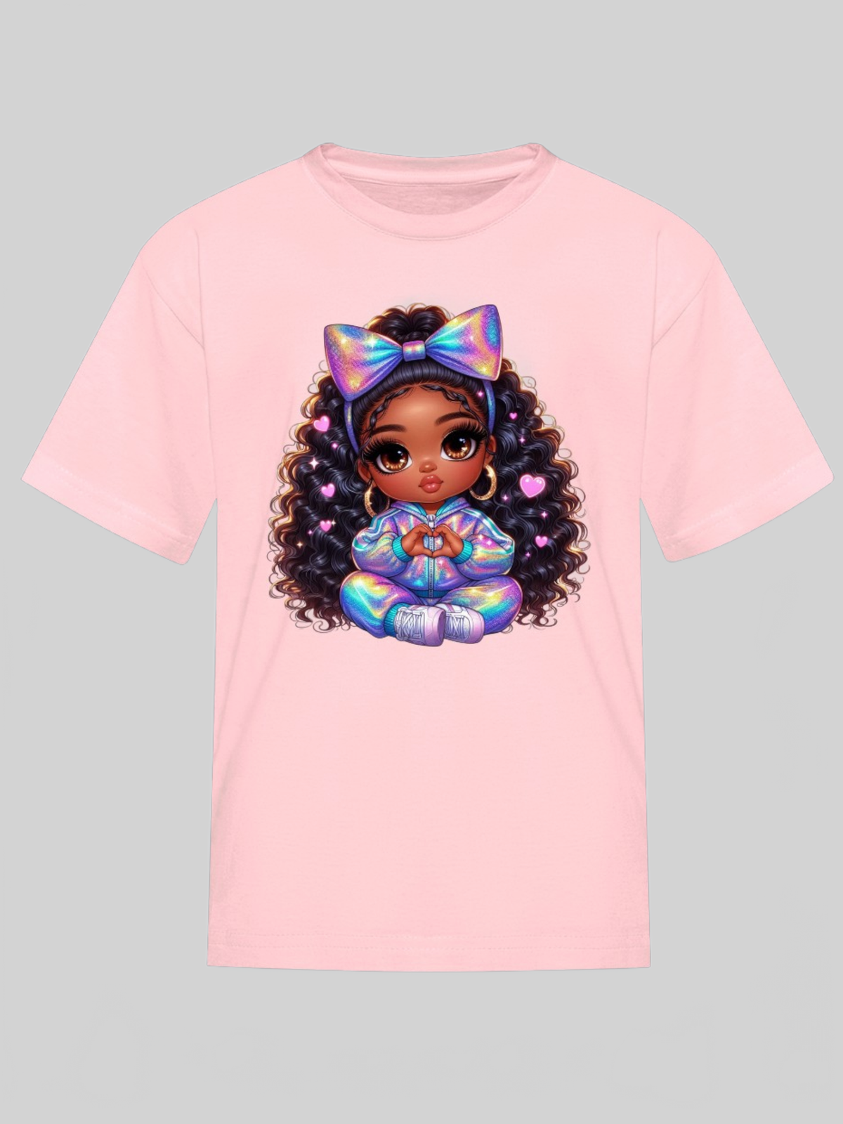 African American Girls Pretty Bow and Hearts Short Sleeve Crewneck T-Shirt