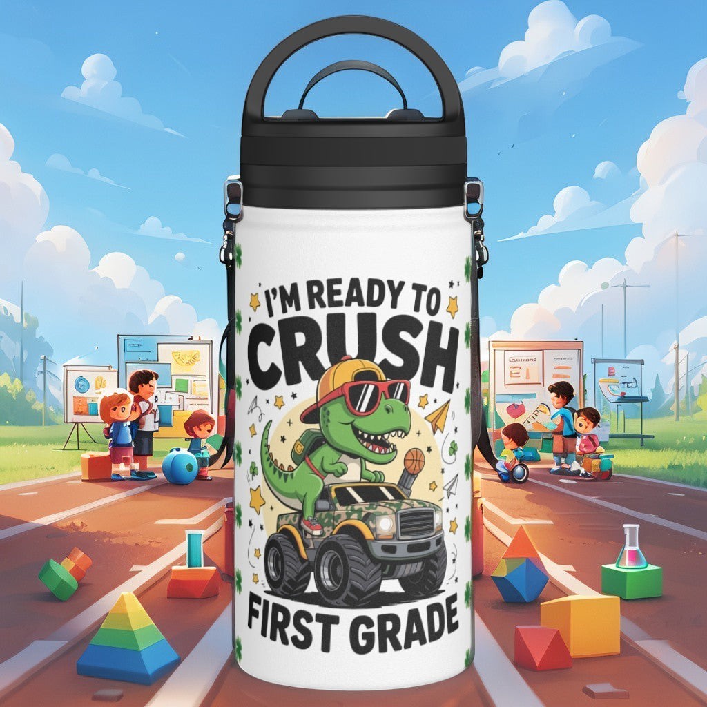 First Grade Dino-Themed Stainless Steel Water Bottle, Perfect for Kids, Back to School, First Grade, Eco-Friendly