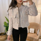 Vintage Style Autumn Winter Tweed Jackets For Women O-Neck Long Sleeve Loose Wool Coat Single Breasted Outwear For Girls