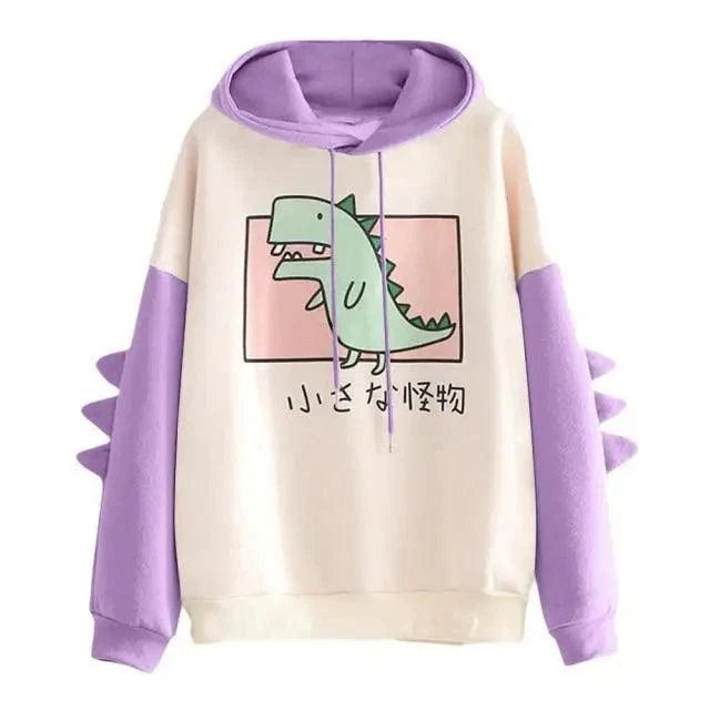 Winter Womens Hoodies Sweatshirt Dinosaur Print Long Sleeve Patchwork Tracksuit Oversize Pullover Hoodies Women Hoodies for Teen Girls Printed Cute Hooded Sweatshirt Junior Sports Outerwear Long Sleeve Hooded Pullovers Tops
